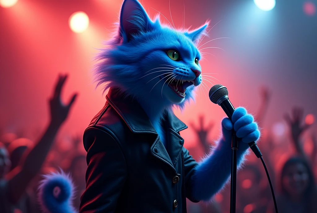 blue cat, on the stage, wearing black coat, blue hair, singing , microphone, rock concert, rock festival, screaming, singing, from side