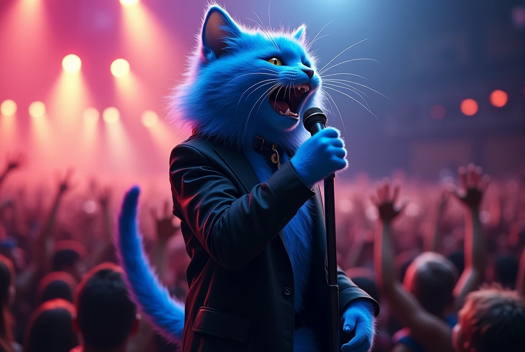 blue cat, on the stage, wearing black coat, blue hair, singing , microphone, rock concert, rock festival, screaming, singing, from side
