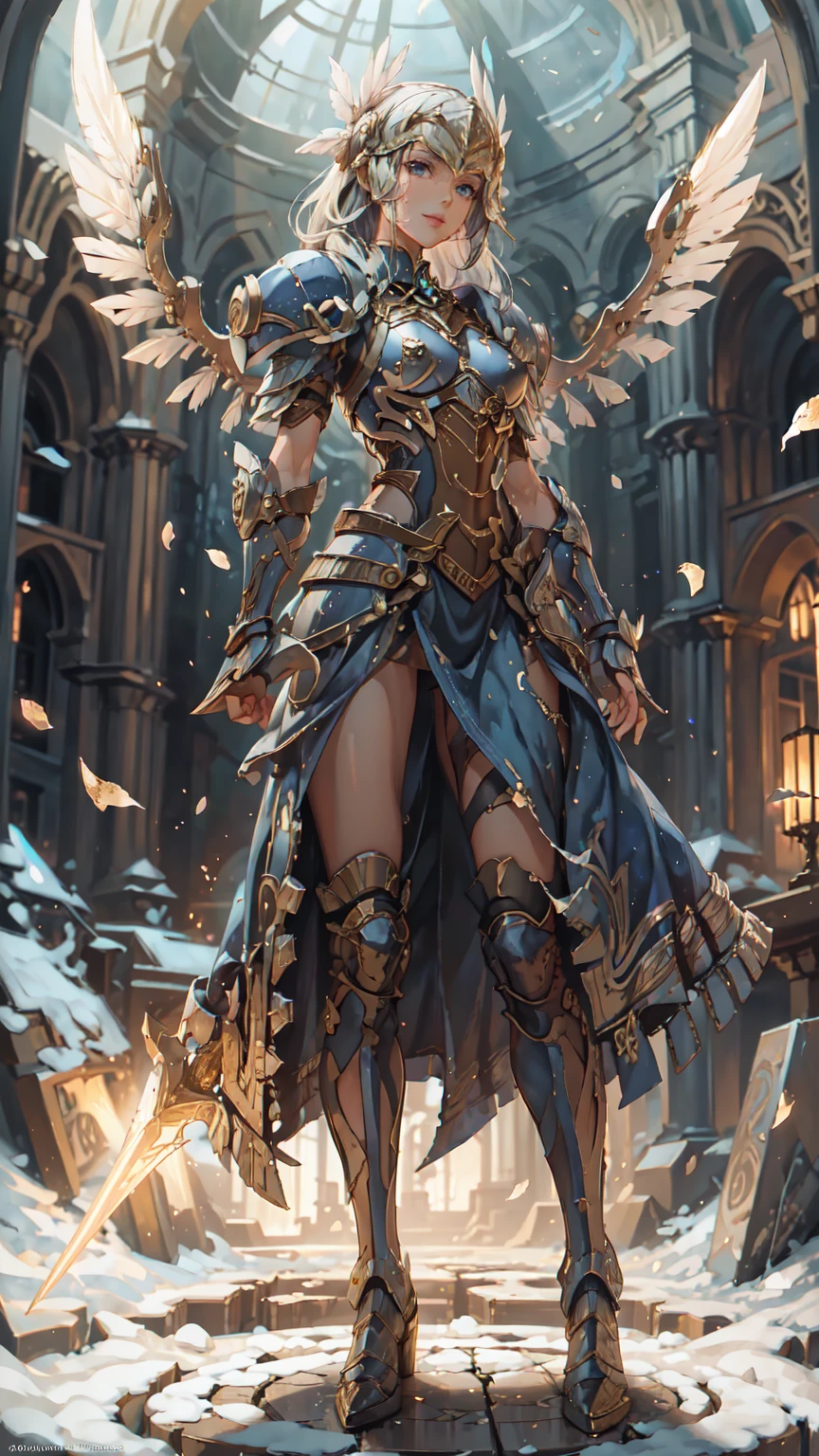 Lenneth from 'Valkyrie profile', BREAK: bright_gold_trimmed_sapphire_blue_plate mech4rmor, (damaged chest armor exposing skin:1.3), glowing sword raised in victory, thigh cutout, long skirt, BREAK: standing, contrapposto stance, light smile, magical castle ruins, fluffy snow and flower petals fall, BREAK: detailed face, detailed hands, (16k, absurdres, masterpiece, best quality), wings