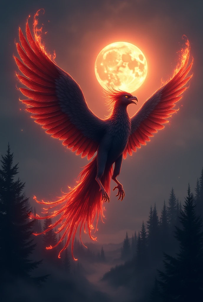 A mythological black phoenix bird flying in flames,(Red fire:1.3), good hand,4K, high resolution, work of art, best qualityer, head:1.3,((Hasselblad photo)), sharp focus, (cinematic lighting), wings, full moon night, soft lighting, dynamic angle, [:(head detalhada:1.2):0.2], out, forst,polychromatic background,
	
