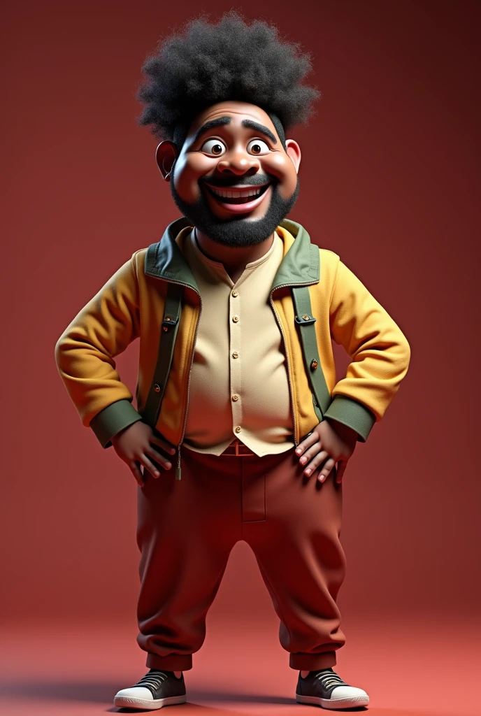 I want a black comedian with a funny facial expression that makes anyone laugh just by looking at his slightly large mouth., fully body, ugly face, in 3D style with very high quality