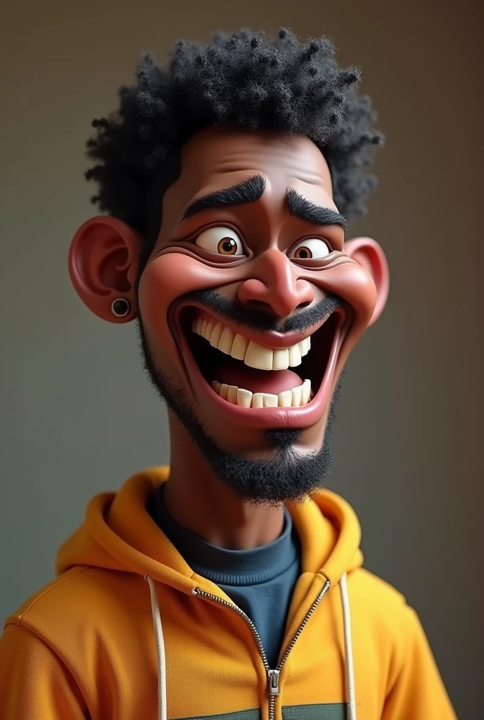 I want a black comedian with a funny facial expression that makes anyone laugh just by looking at his slightly large mouth., fully body, ugly face, in 3D style with very high quality