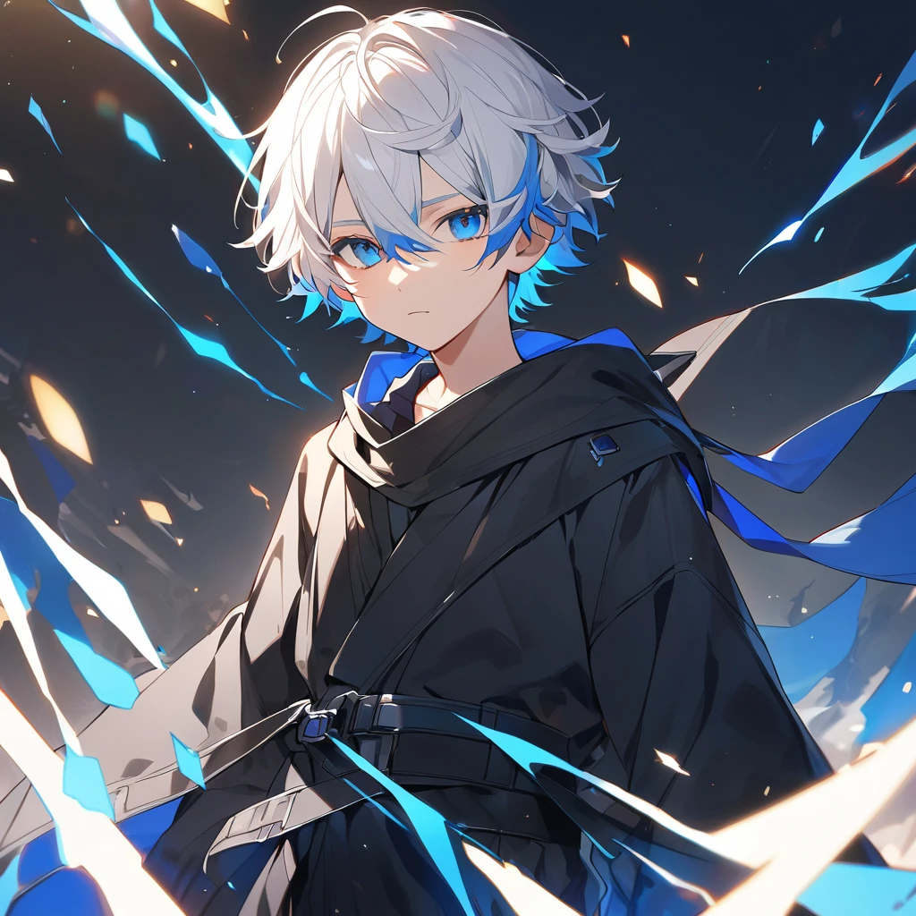 boy, white hair with blue highlights, blue eyes, black robe, short hair, age 15,