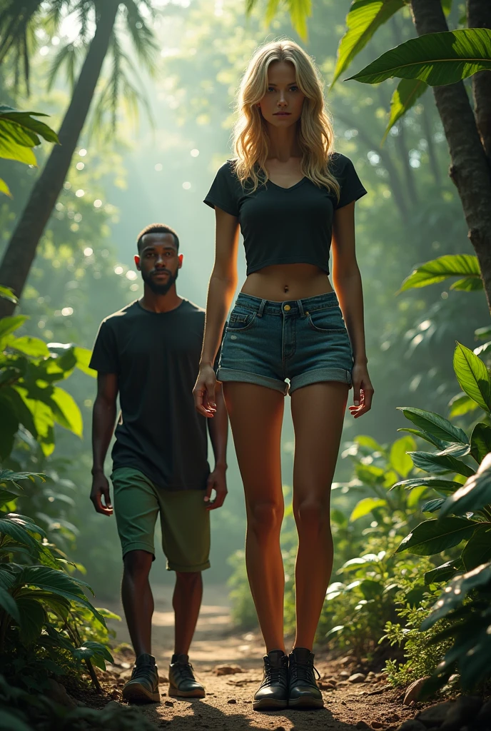 man much shorter than woman,tropical forest, a 2 meter tall blonde woman, wearing It Girl High Waist Jean Shorts and a short dry fit t-shirt, next to a 1.74 meter tall black man, wearing green dry fit shorts and a black t-shirt, wearing leather shoes, surviving in a tropical forest, man shorter than the woman, black man, white women, hyper detailed, full hd, 4k,  man shorter than the woman hyper realistic 