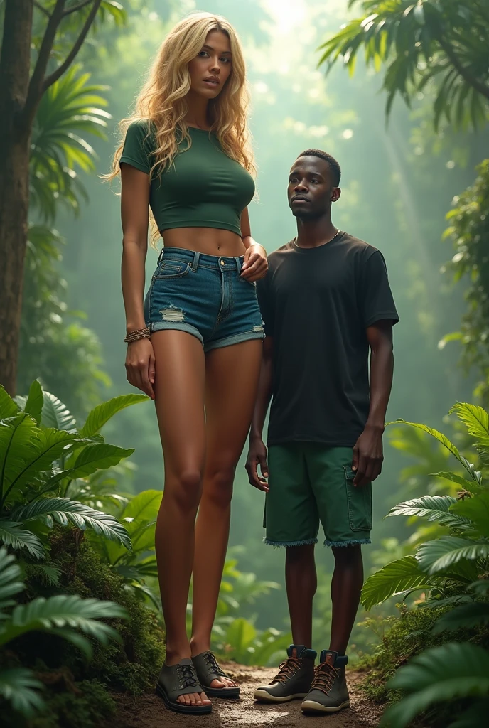 man much shorter than woman,tropical forest, a 2 meter tall blonde woman, wearing It Girl High Waist Jean Shorts and a short dry fit t-shirt, next to a 1.74 meter tall black man, wearing green dry fit shorts and a black t-shirt, wearing leather shoes, surviving in a tropical forest, man shorter than the woman, black man, white women, hyper detailed, full hd, 4k, man shorter than the woman hyper realistic