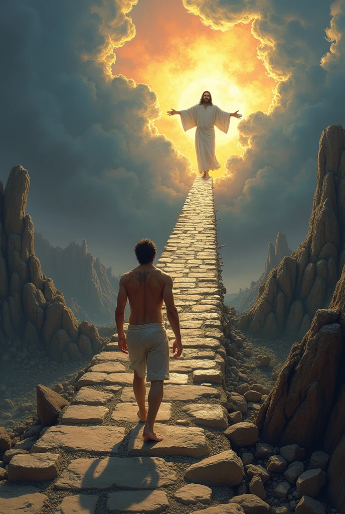 image where there is a stone road, that goes to the sky, at the beginning of the road everything is destruction and darkness and the higher it gets, even more handsome is a man without a shirt with wounds showing and half bent over, going up this road towards heaven, where everything is beautiful and vibrant colors where Jesus is up there with open arms and smiling waiting for him, and at the bottom of the image write the sentence: when you come back injured, you will only find love. that matches the image