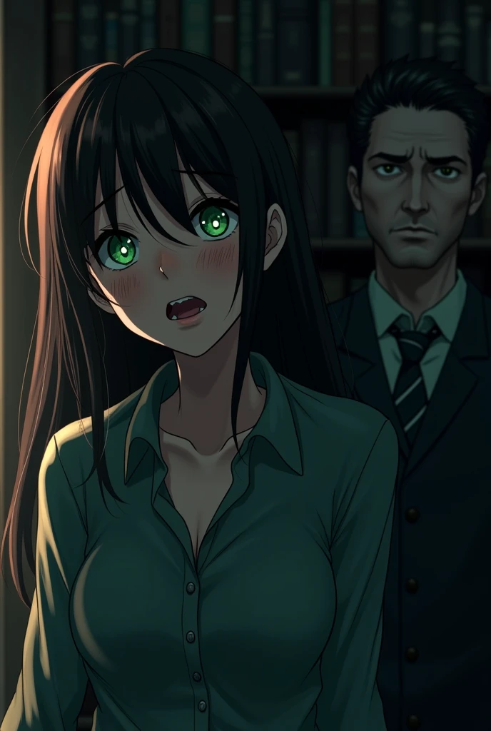 Marine and Conrad in the Tense Encounter: Illustrate the moment when Marine notices Conrad Honner's presence in the room. Marine can be shown turning around quickly, with an expression of surprise and embarrassment, while Conrad, with his enigmatic countenance, observe her calmly near the bookshelves. Lighting can accentuate Conrad's flaming green eyes, adding an air of mystery.