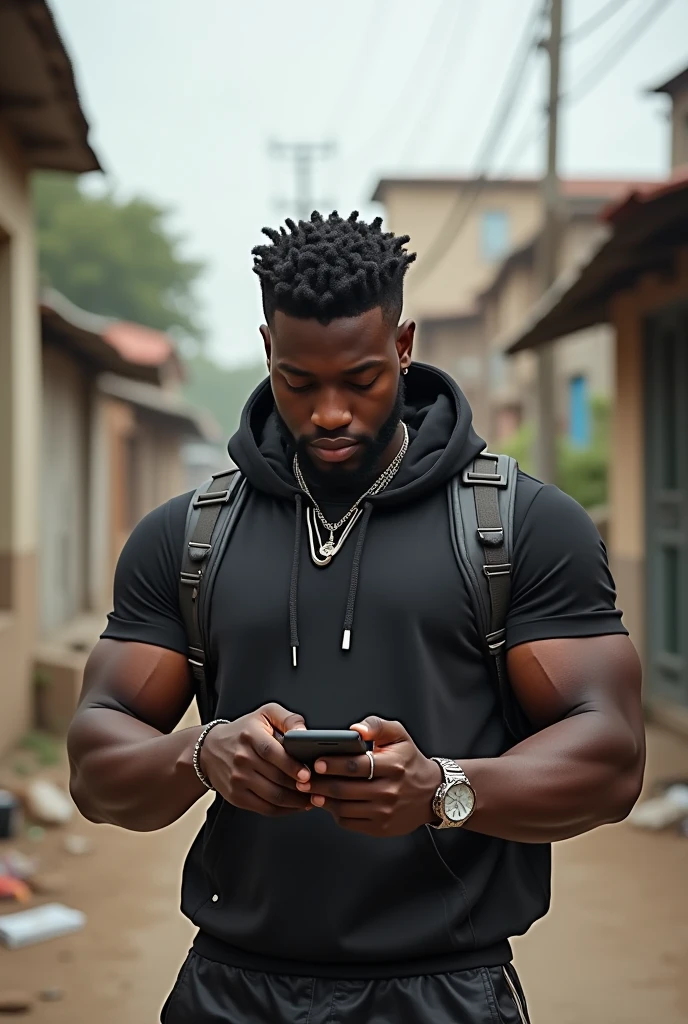 Black boy play PUBG mobile out side to home the background is so poor the boy is so rich and body builder 