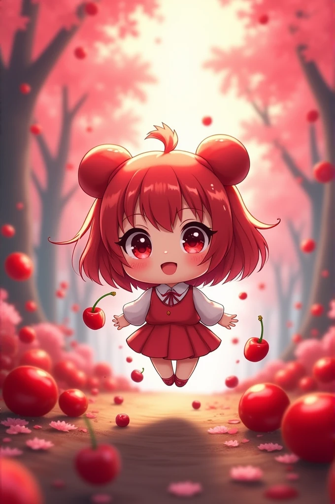 best image quality、fairy tale world、A lot of ret cherry、red cherry Fairy、Ichigo-chan、Fun and cute smile、best smile、chibi character、Super transformation、big head and 、very cute girl、Surprisingly round big shining eyes、おいしいA lot of red cherry、