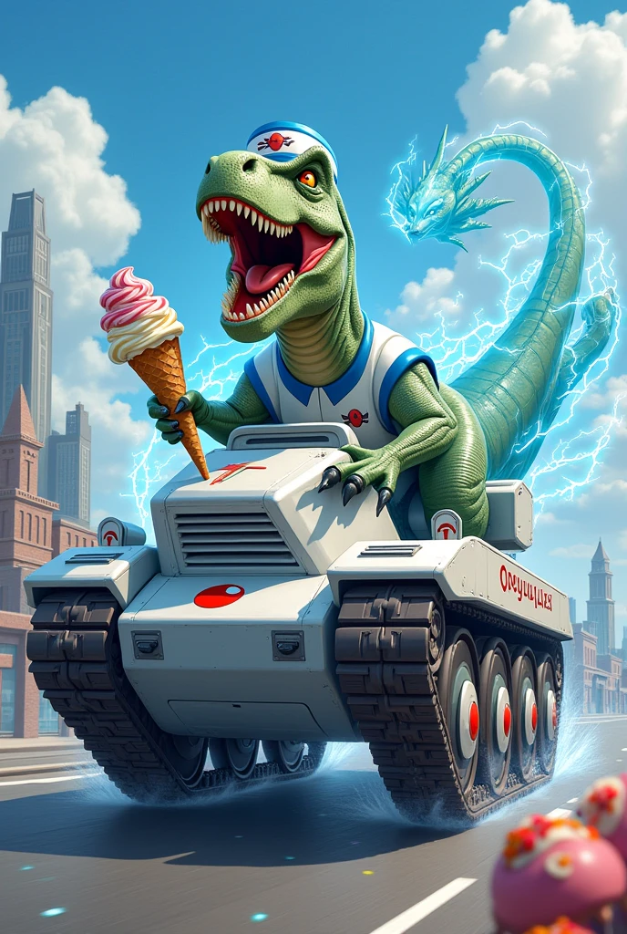 T rex in a tank selling ice cream riding an electric rayquaza
