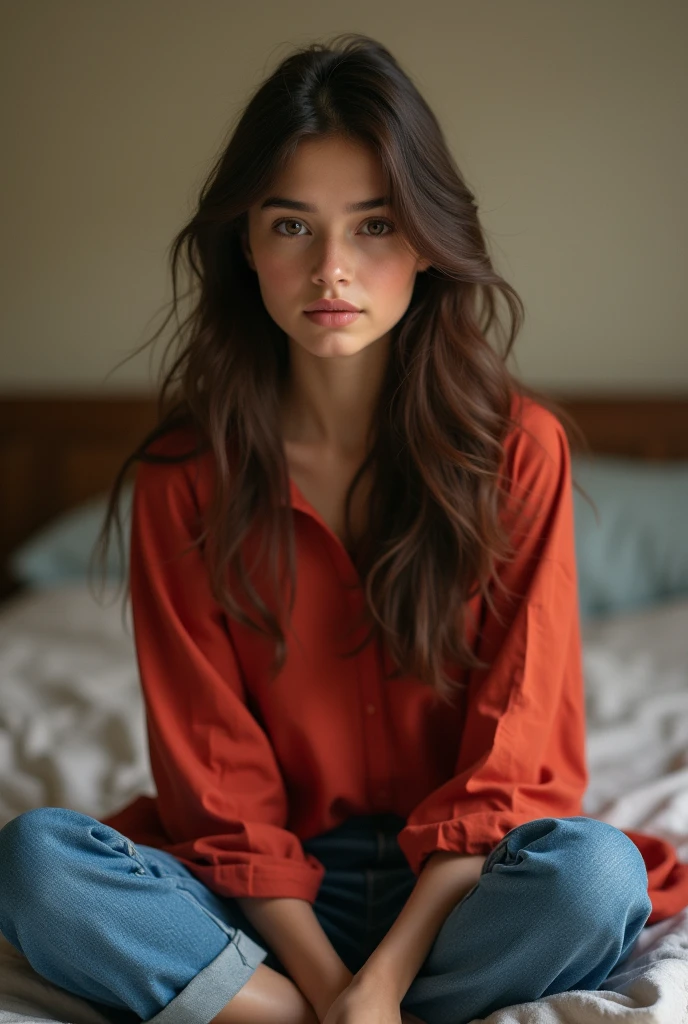 A girl is sitting on bed with red kurti and blue jeans brown hair