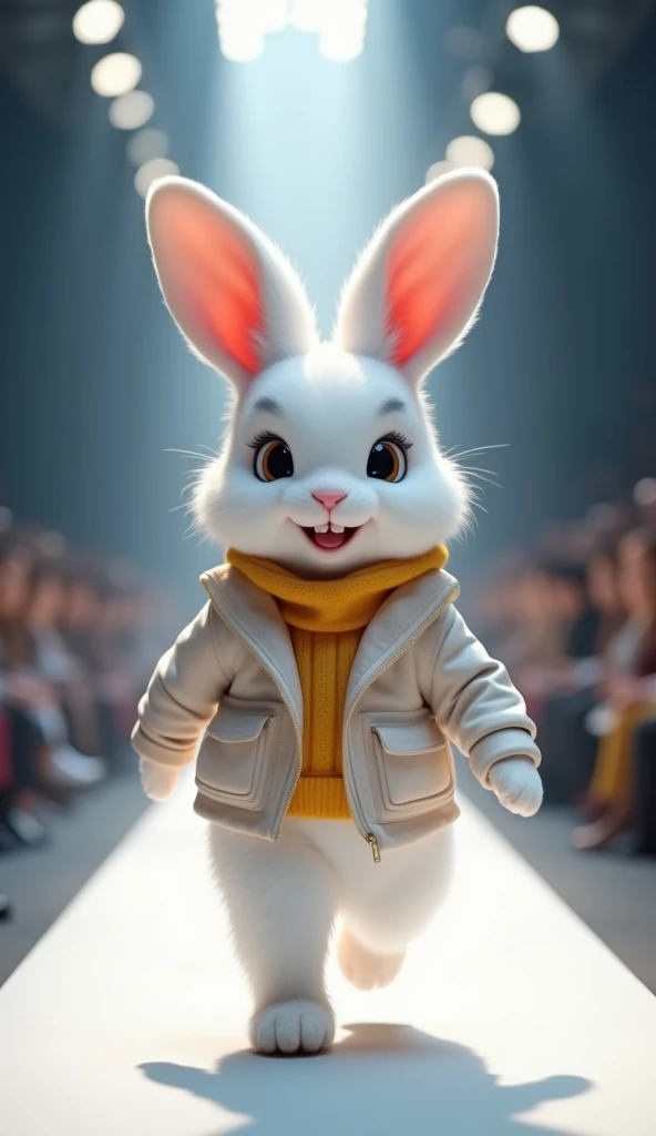 A cute little white rabbit,Smiling,Very confident wearing fashionable style showing on the catwalk,The background is the catwalk. HD camera captures scene images.