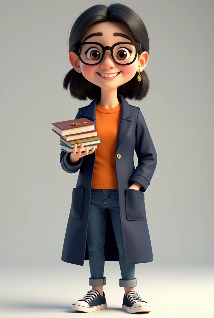 Full body female avatar, teacher holding books, glasses on face with corners pulled out , captivating smile, age 45 years, full face with teeth showing in the mouth, jeans, sports shoes, glare eyes, dark hair tied, orange t-shirt with a dark navy blue lab coat over it, 3 rings aligned on the ear as if it were an earring , small ear dark brown eyes shoulder length hair tied up. 3D Pixar style