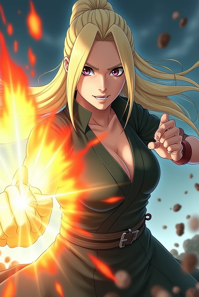 Create a close-up, dynamic action scene of Tsunade Senju in mid-battle.* Focus on her powerful stance as she unleashes a high-impact punch or performs a dramatic medical jutsu. Capture her intense expression and the fluid motion of her attack, with energy and debris swirling around her to emphasize the force of her move. Ensure she is wearing her traditional outfit, which includes her signature low-cut blouse, while maintaining respect and appropriateness. Highlight her formidable presence with a glowing aura around her fists or the medical technique she is using. Include a dynamic caption like “Tsunade’s Power Unleashed: The Fifth Hokage’s Might in Action!” in bold, vibrant text to complement the energy and intensity of the scene.