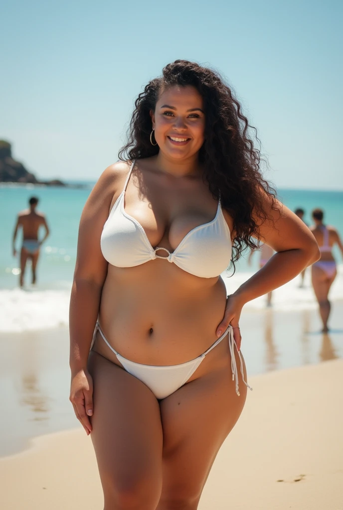 Plus size model woman without bikini top on the beach next to other people