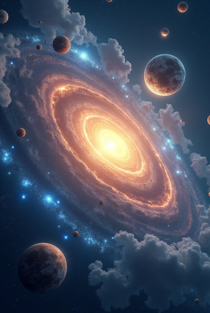 create an image of the Andromeda galaxy where the sun shines radiantly and the moon stands out among planets and blue stars with some clouds