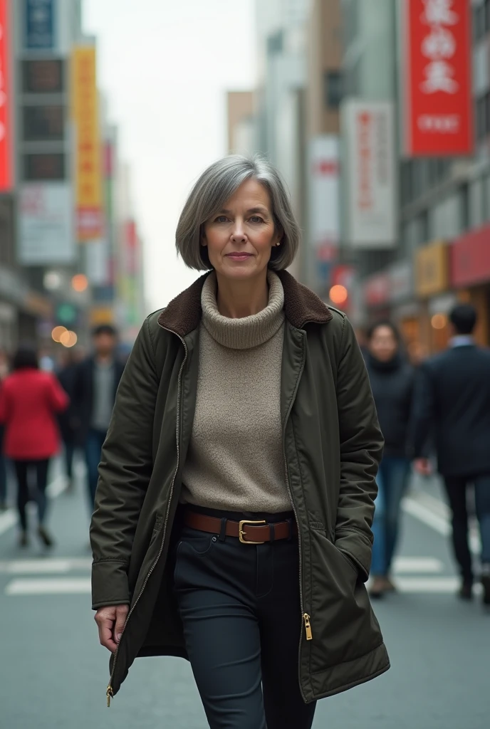 Realistic photography 60 year old woman in bob hair walking in the streets confidently