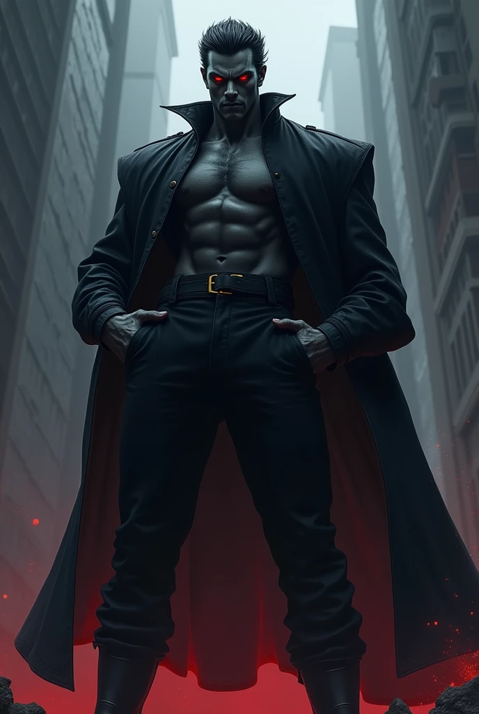 He is 1.80 meters tall, with medium-length, spiky black hair slicked back. He has dark skin with a bluish tone and red eyes. He carries an immense sense of superiority over others, demanding that everyone kneel before him. He wears only black pants with boots, keeps his hands in his pockets, and has a terrifying gaze.