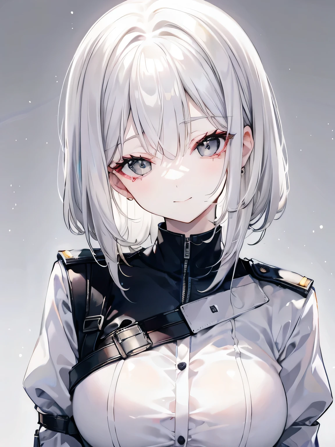 adult woman, White hair, shoulder-length hair, ((grey eyes)), police uniform, cute face, Pretty appearance, kind look, Cozy atmosphere, kindness and positivity, nice smile, closed mouth, closed clothing, plain background