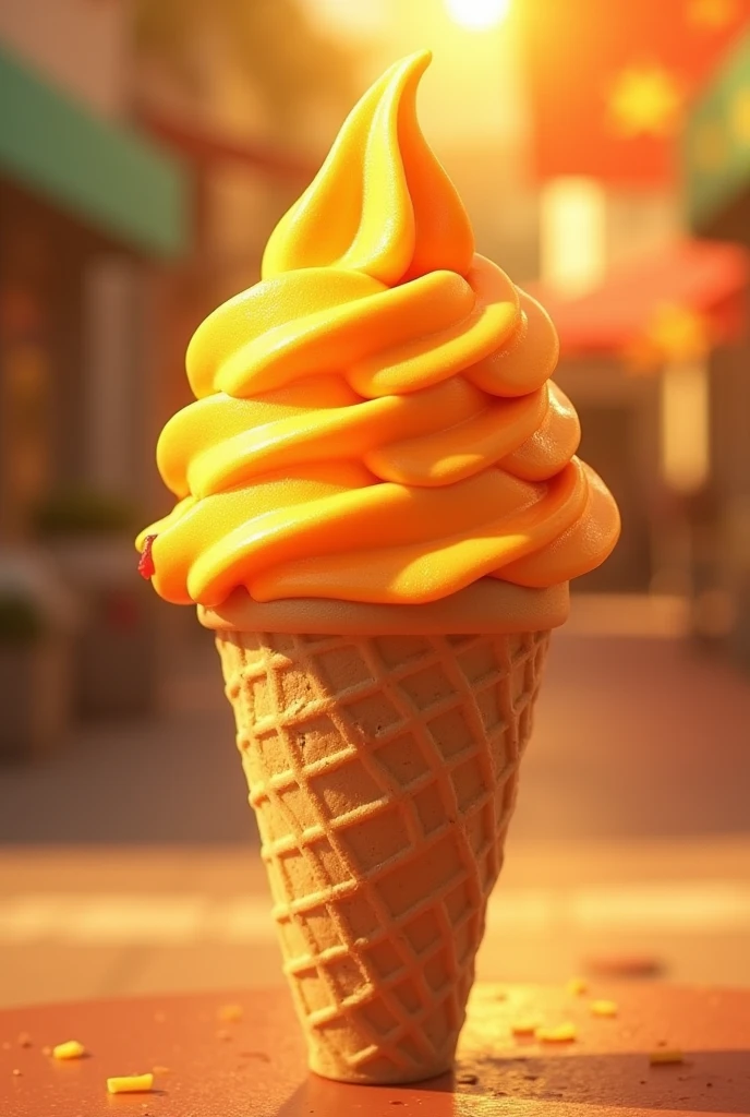 A cone of Italian ice cream flavored with papaya and condensed milk, the background of the image is a very hot summer, and opening hours until 10pm.
