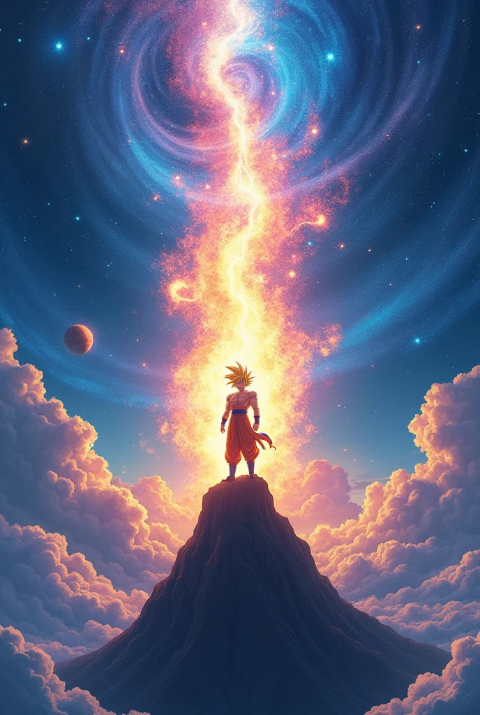 Create an eye-catching anime scene featuring Goku standing triumphantly atop a floating mountain peak, with a breathtaking cosmic backdrop filled with swirling galaxies and nebulae. Goku should be in his iconic Super Saiyan form, with golden hair and a radiant aura that contrasts sharply against the deep blues and purples of the universe. His pose should be powerful and dynamic, with energy crackling around him, emphasizing his immense strength and determination. Add a dramatic caption like “Goku’s Cosmic Ascension: The Universe Shines With His Power” at the bottom in bold, glowing text that complements the vibrant colors and epic scale of the scene.