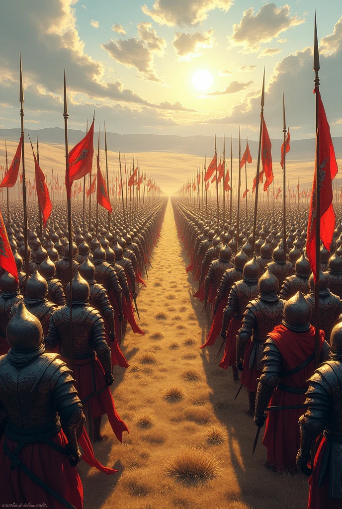 Not realistic style: two armies on a plain about to face each other.