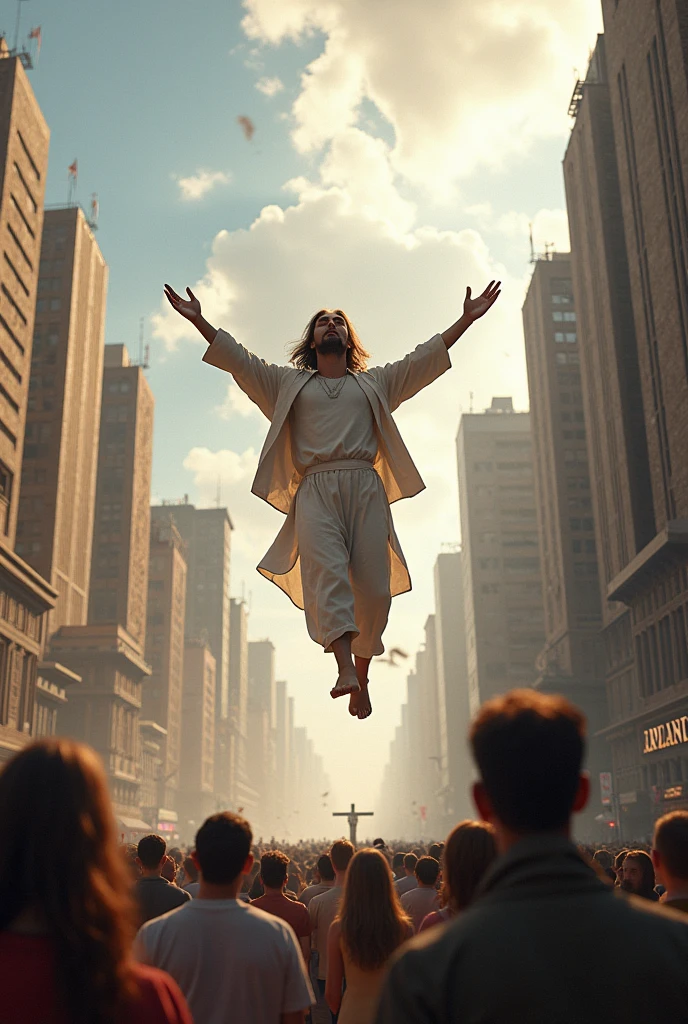 Creating evangelical people, Men and women dressed in casual clothes flying into the sky from a city square