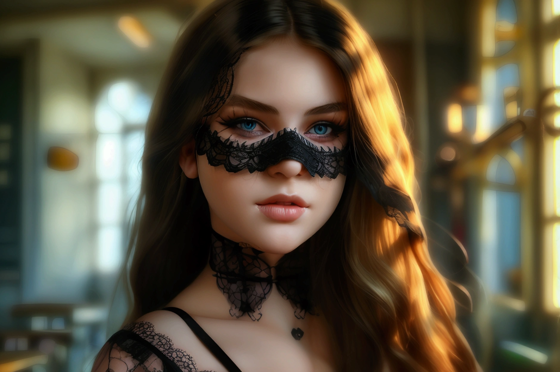 ((best quality)), ((masterpiece)), (detailed), (((perfect face))), 8k, (((hot chick young girl, she can be seen from the knee upwards in the picture))), (((there is a dark classroom in the background))), ((sexy school girl costume), (((detailed face))), (((big tits on focus))), ((blonde long hair))), (makeup), ((big and face on focus)), (((black lacy brassiere))), (((wearing a mask))), (stocking), ((makeup)), ((garter belts)), (((bad girl))