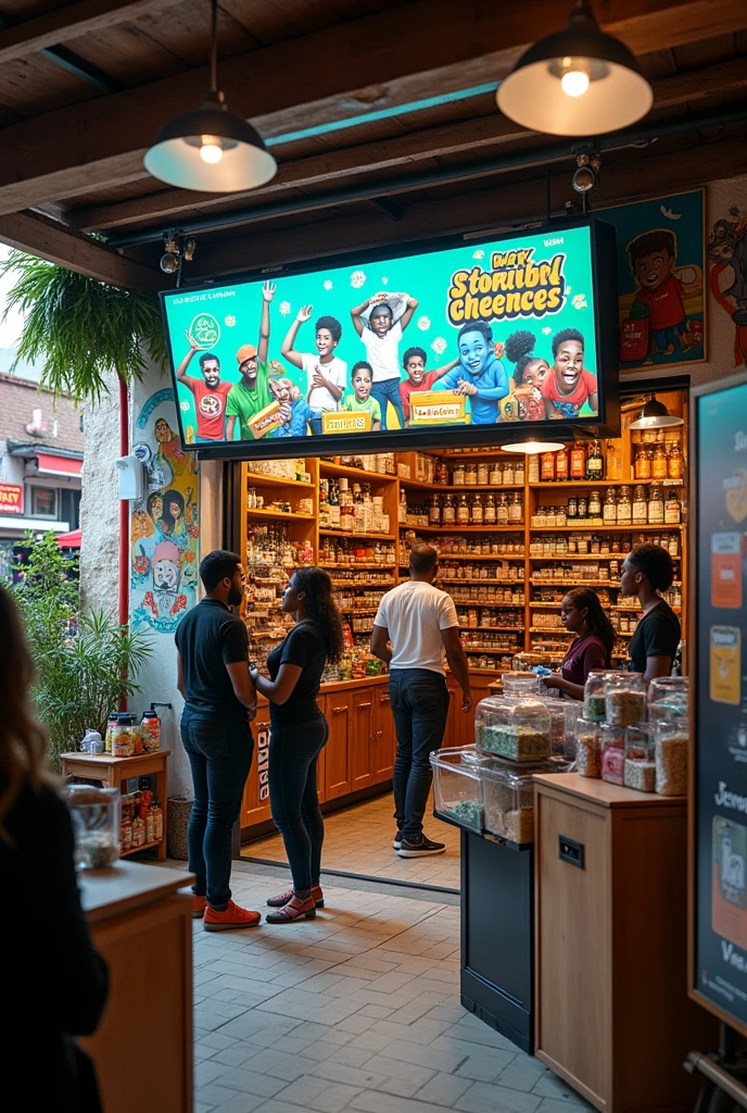 A South African tuck shop with digital signage advertising local business 
