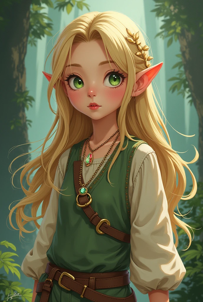little elf girl anime, with long blonde hair, with a braid on the side, with green eyes with a rose quartz necklace that wraps it in gold, with big clothes, old and dirty
