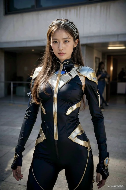 highest quality,ridiculous,Dramatic,Ms. Araf wearing a futuristic battle suit,2 female warriors,Very detailed details of the face,Real skin texture,HD Skin,Standing in a square filled with futuristic mechanical items, Still image of 007, Pageant rendering, Mechanical Elf, Luxury, Shoulders visible, Network mode, Still frame from movie - ar 16:9
