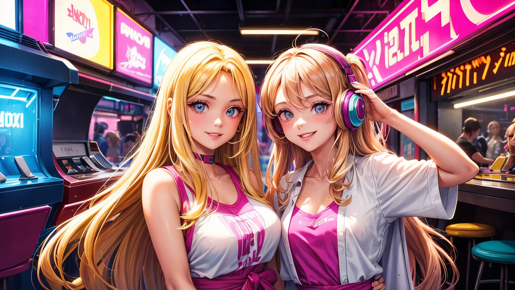 A 22-year-old girl with long blonde hair, the other with long dark blonde hair, posing for a photo together in an arcade in the city of Miami in the 80s in synthwave style, their extroverted smiles and radiant honey-colored eyes reflect the youthful joy, her wavy hair cascades down to her waist, shining in the neon light of the 80s arcades, wearing 80s-style casual fashion clothes, her eyes are bright, and her lips are parted revealing her beautiful smiles, personifying the innocence of their age, on their heads are two headphones filled with lights that reflect their synthwave style of being.