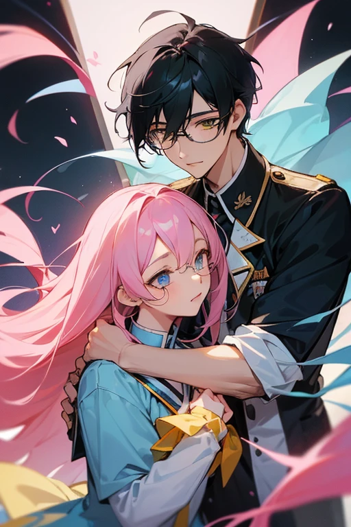 Two men and women、Seniors and juniors、The age difference is one、Childhood friend、The boy is a handsome man with black hair, light blue eyes, a school uniform, and glasses.、The girl has long light pink hair, yellow eyes, is in a uniform, and has a bright and kind expression.、