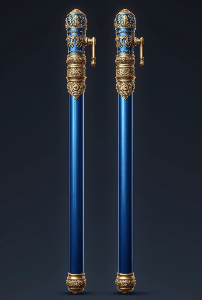 two police batons with a handle on the side in blue with gold details