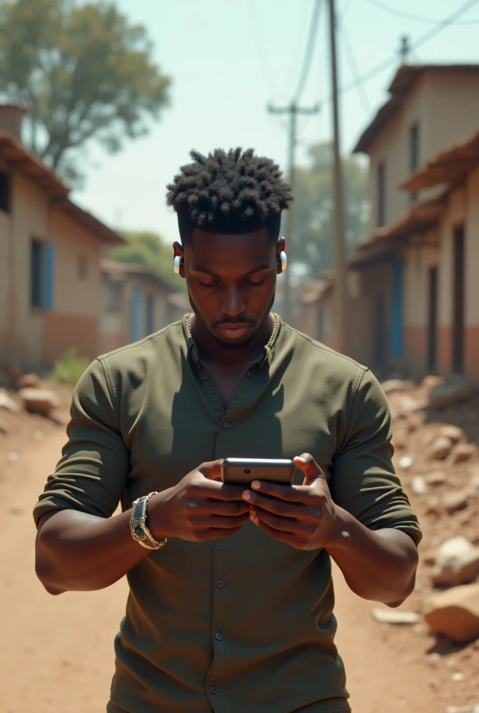 Black boy play PUBG mobile out side to home the background is so poor the boy is so rich and body builder and he have airpod pro