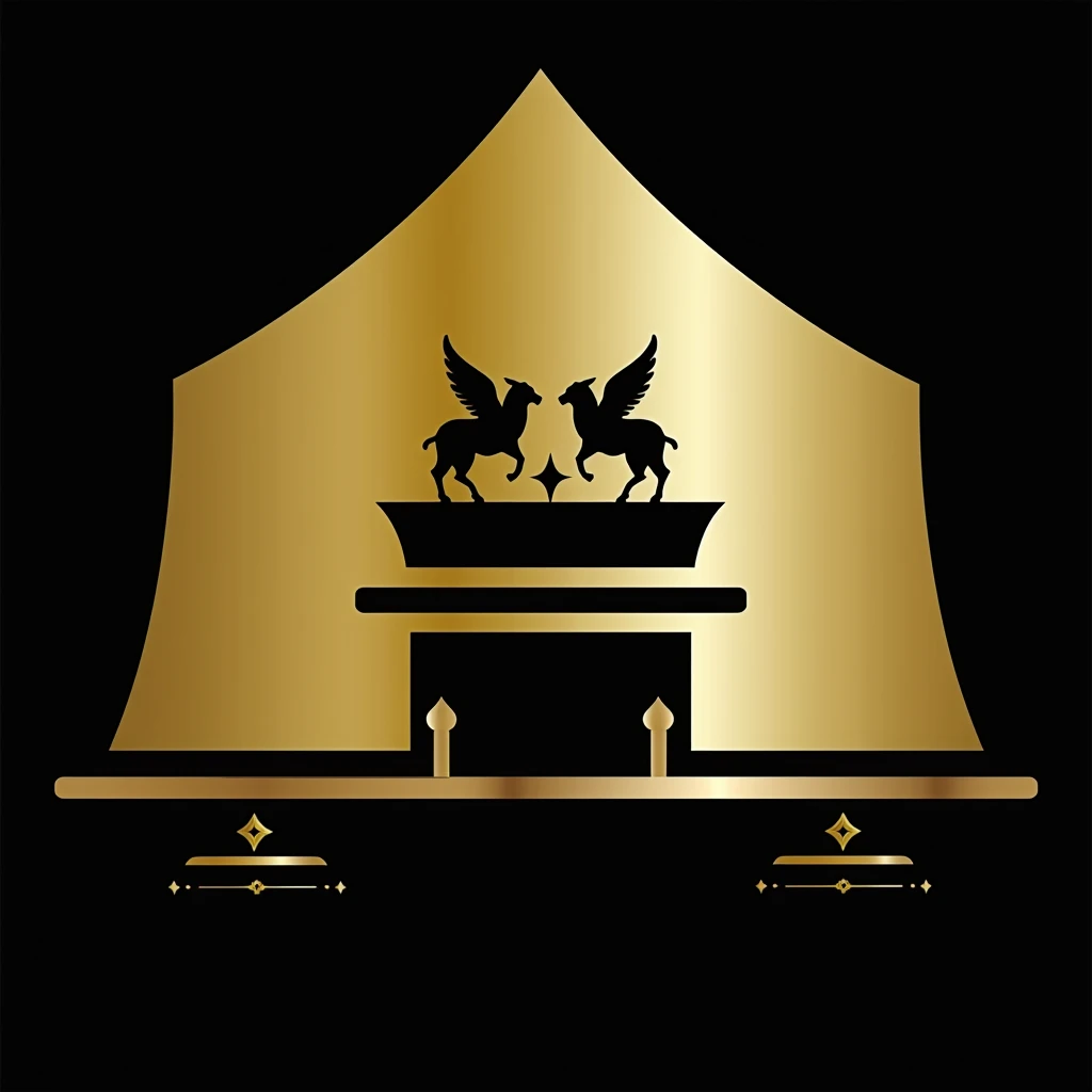"Create a logo that resembles a tabernacle in the form of a tent. In front of the tent, include an ark similar to the Ark of the Covenant as described in the Bible, featuring its distinctive design with two cherubim on top. The tent should have a simple, symbolic design that captures the sacredness of the tabernacle, while the ark adds a powerful spiritual element. Ensure the overall look is clean and reverent, combining the imagery of the holy dwelling with the sacred ark."