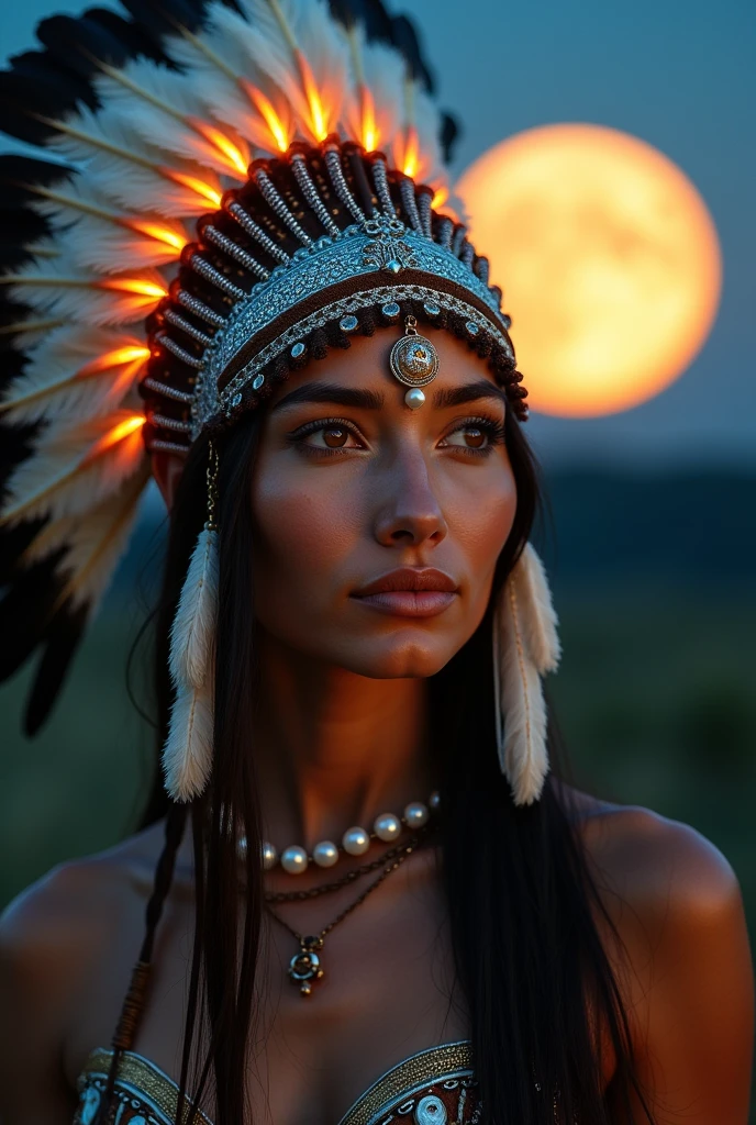 Beautiful Cherokee Indian woman with beautiful terracotta colored headdresses, blackw, doradas, cobre, Pearl, white and beige, feathers made of bright neon of various colors, flares on camera, bokeh, full moon night