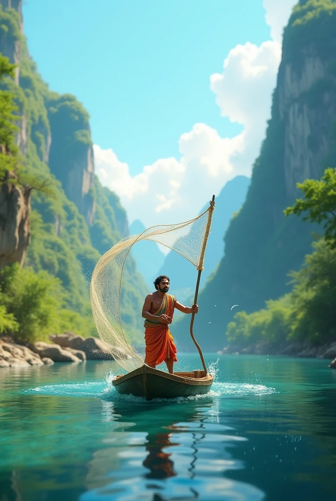 Prompts
Copy
Make a Disney Pixar-style poster, in 3D, a indian fishermen throwing his net in the river from stading through his boat in the middle of the river which is covered from both the sides from mountain