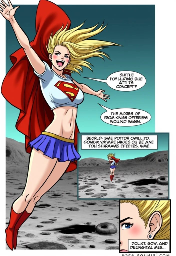 Supergirl is gliding with open arms on the moon, one of the frames is her ear, Pay attention to the background scene, very detailed. (masterpiece, best quality, hires, high resolution: 1.2), (extremely detailed, realistic, intricate details, high resolution), 3d, cg, ((bbw)), glowing skin, blush, eyeliner, ((giant breasts, saggy breasts: 1.1)), (cinematic lighting, sunlight, volumetric), body made, ((perfect split lighting)), (((perfect eyes))). (((detailed eyes))), (god yes),,Altamente detalhado, 8K, fotorrealista, Intrincado, hiper-realista, iluminação claro-escuro, tons de cores quentes, obra de arte, arte de artgerm e greg rutkowski