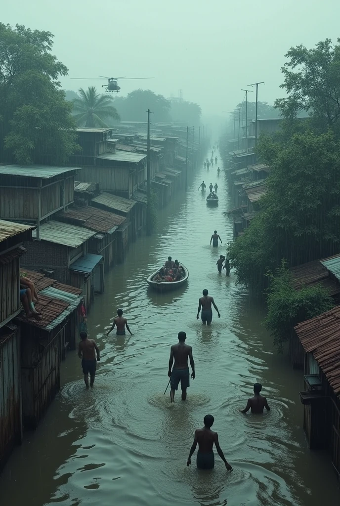Here’s a detailed prompt for generating an image of the 2024 floods in Bangladesh:

---

Create a realistic image of the August 2024 floods in Bangladesh. The scene should depict a flooded urban area with submerged streets, where only the rooftops of buildings and the tops of trees are visible above the water. Include stranded people on rooftops awaiting rescue, some being rescued by boats, and others wading through chest-deep water. The sky is overcast, hinting at continuous rainfall, and the overall mood is somber, emphasizing the devastation. Include background details such as makeshift shelters, military helicopters, and a visible current in the water, to capture the severity and urgency of the situation."