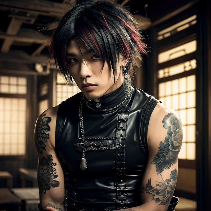 1 man, male, Japanese man, Visual Kai hairstyle, ultra detailed face and body, hyperrealistic, realistic representation, muscular, broad shoulders, tattoos gothic style, piercings, Visual Kei style, hairstyle Visual Kei, blond, long hair, 40 years old, age 40, outfit gothic streampunk, men's shirt and black pants, Asian eyes, eyes Asian, Visual Kei hairstyle