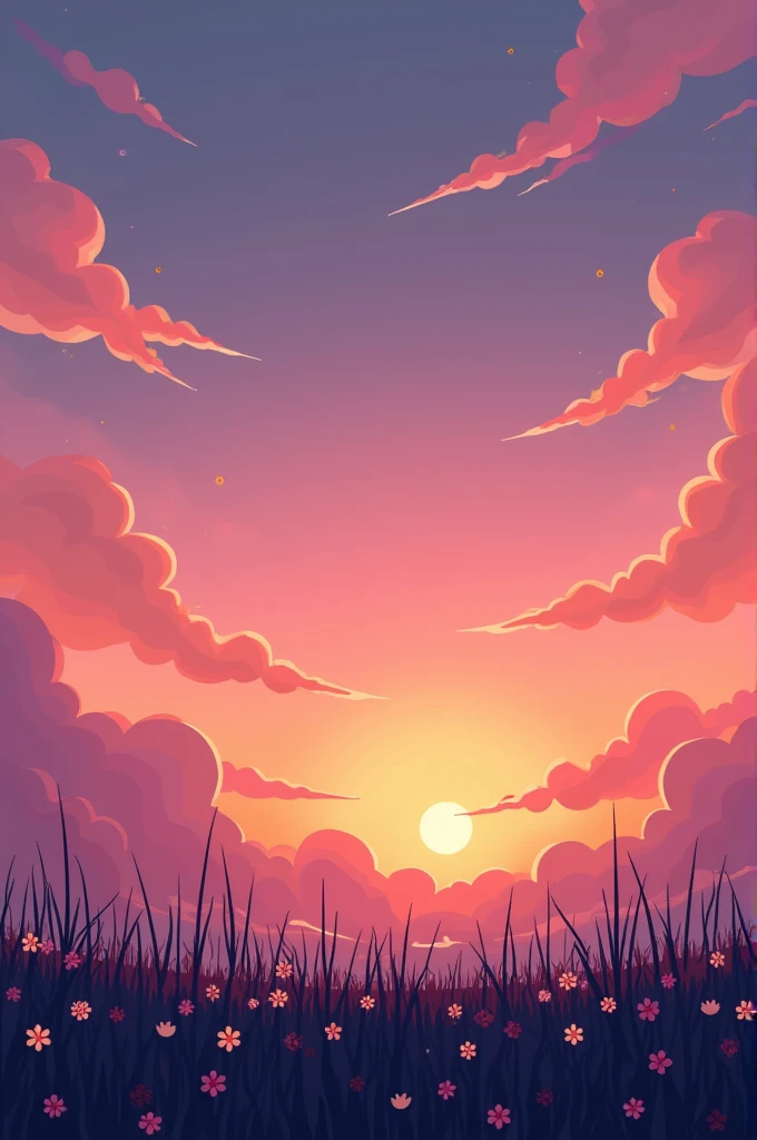 a sky at dusk,with a gradient from pink to orange and yellow, that have clouds that appear to be purple,and you can see the grass with little flowers