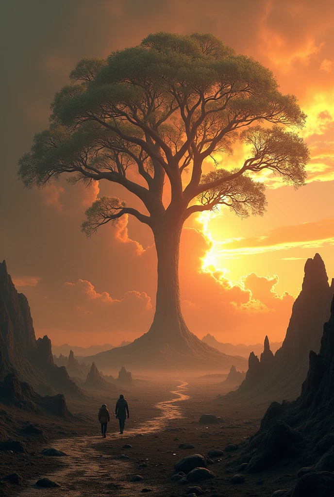 landscape, a nuclear explosion in the orizont, a magnificient angelical tree in the front