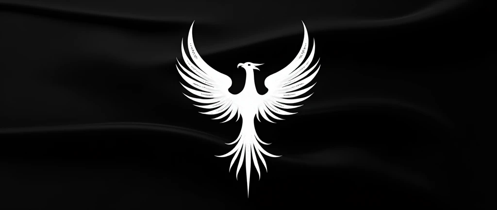 A black flag with a simply designed white phoenix rising up in the middle of the flag