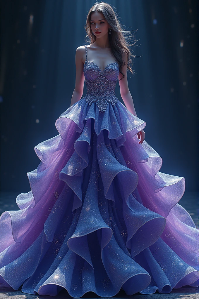 A very large and detailed dress with purple galaxy