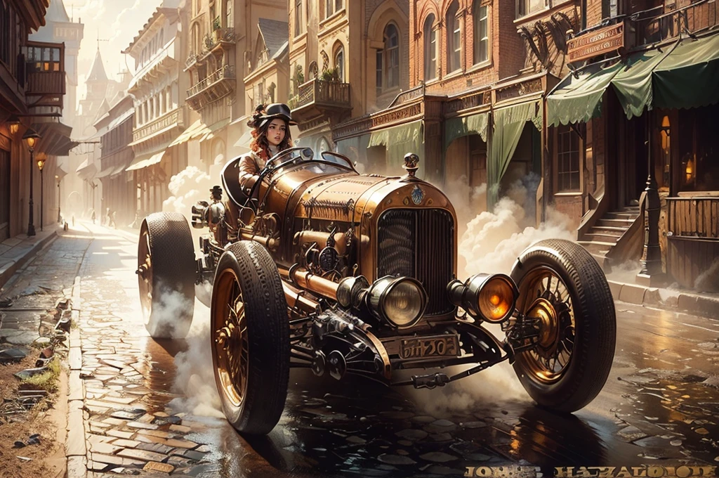 there is a beautiful steampunk woman driving a vintage car down a street, steampunk car, digital steampunk art, steampunk digital art, art nouveau octane render, steampunk art, inspired by Grzegorz Domaradzki, inspired by James Gurney, by Joop Sanders, futuristic dieselpunk street, steampunc, steam-punk, steampunk concept art, detailed steampunk illustration
