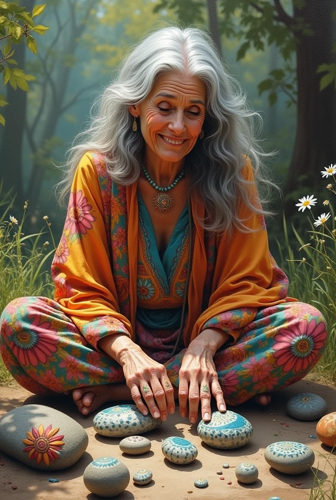 Senior woman 6 bohemian hippie painting rocks