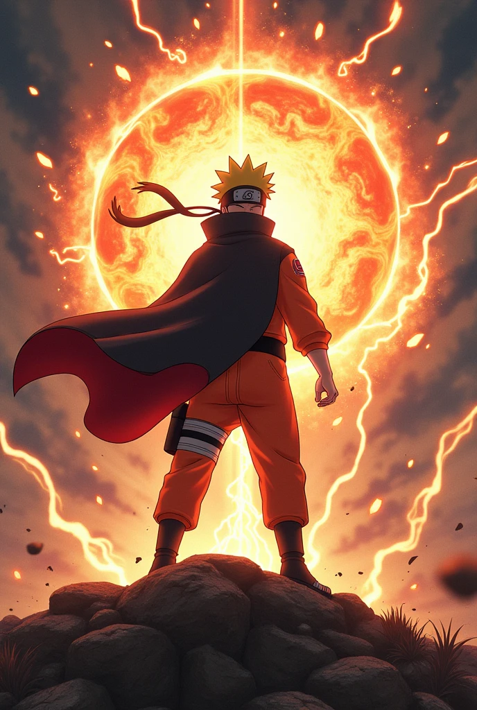 Design a vibrant and energetic scene of Naruto Uzumaki during a significant moment of triumph or transformation. **Depict Naruto standing on a rocky outcrop or high ground, facing towards a dramatic backdrop of swirling energy and stormy skies.** He should be in his iconic Sage of the Six Paths mode, with the Rasengan or Kurama’s chakra visibly emanating from his hands or swirling around him.
Capture the intensity of the moment with dynamic lighting effects, emphasizing the energy and power radiating from Naruto. Show his cloak fluttering dramatically in the wind, and his expression should reflect determination and exhilaration.
Add a background that includes lightning, swirling chakra, or a stylized energy field to enhance the scene’s impact. Include a caption like “Naruto’s Moment of Triumph: Unleashing the True Power of the Sage!” in bold, electrifying text at the bottom to convey the high-stakes, goosebumps-inducing nature of the event.