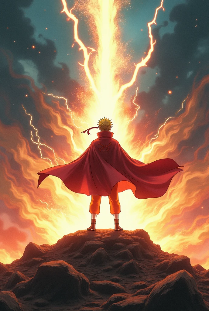 Design a vibrant and energetic scene of Naruto Uzumaki during a significant moment of triumph or transformation. **Depict Naruto standing on a rocky outcrop or high ground, facing towards a dramatic backdrop of swirling energy and stormy skies.** He should be in his iconic Sage of the Six Paths mode, with the Rasengan or Kurama’s chakra visibly emanating from his hands or swirling around him.
Capture the intensity of the moment with dynamic lighting effects, emphasizing the energy and power radiating from Naruto. Show his cloak fluttering dramatically in the wind, and his expression should reflect determination and exhilaration.
Add a background that includes lightning, swirling chakra, or a stylized energy field to enhance the scene’s impact. Include a caption like “Naruto’s Moment of Triumph: Unleashing the True Power of the Sage!” in bold, electrifying text at the bottom to convey the high-stakes, goosebumps-inducing nature of the event.