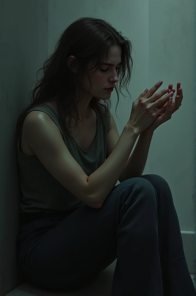 Woman see her hands in sad mood 